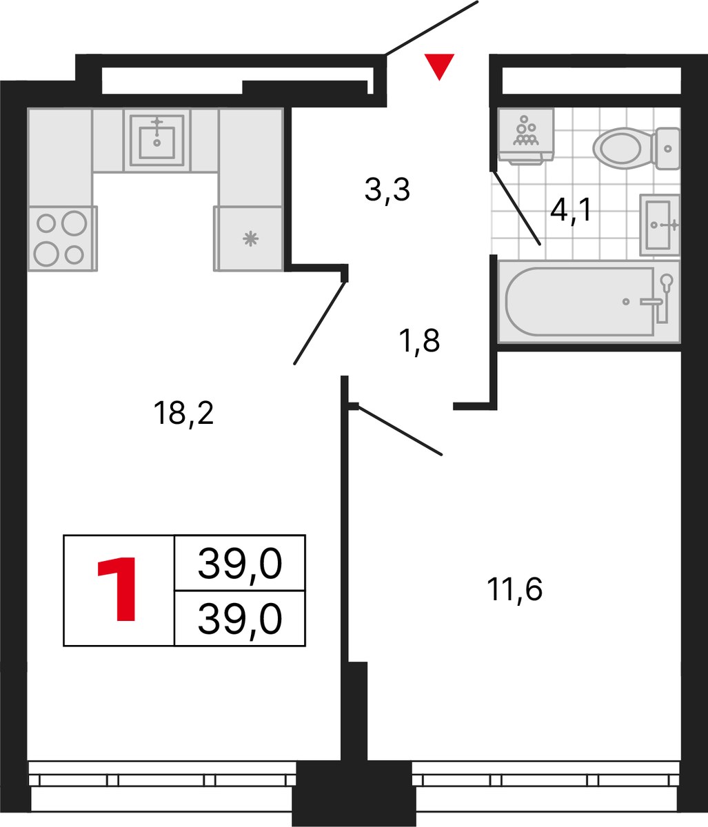 Планировка: 1-комнатная, 39.0 м²