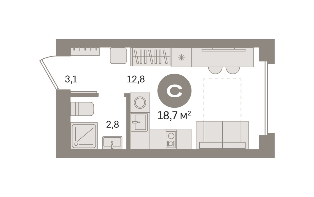 Планировка: Студия, 18.66 м²