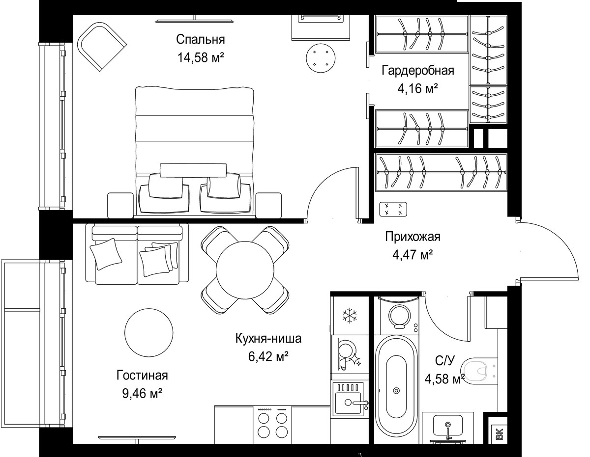 Планировка 43.67 м²