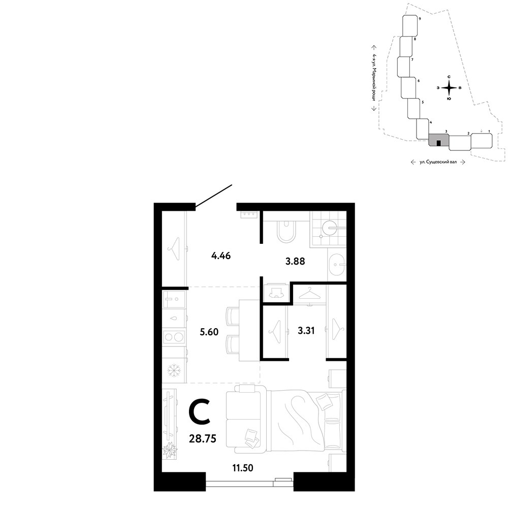 Планировка 28.75 м²
