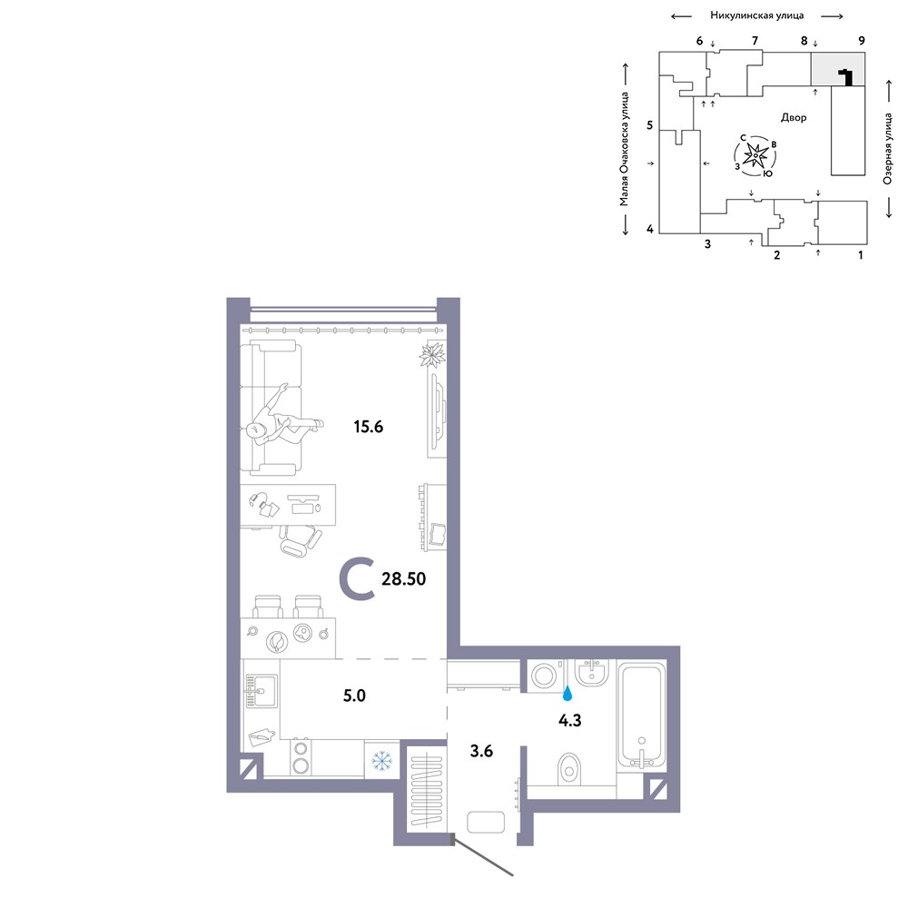 Планировка: 1-комнатная, 28.5 м²