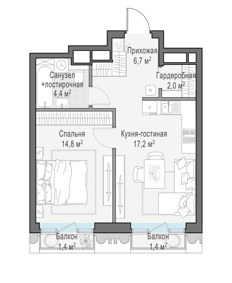 Планировка 45.7 м²