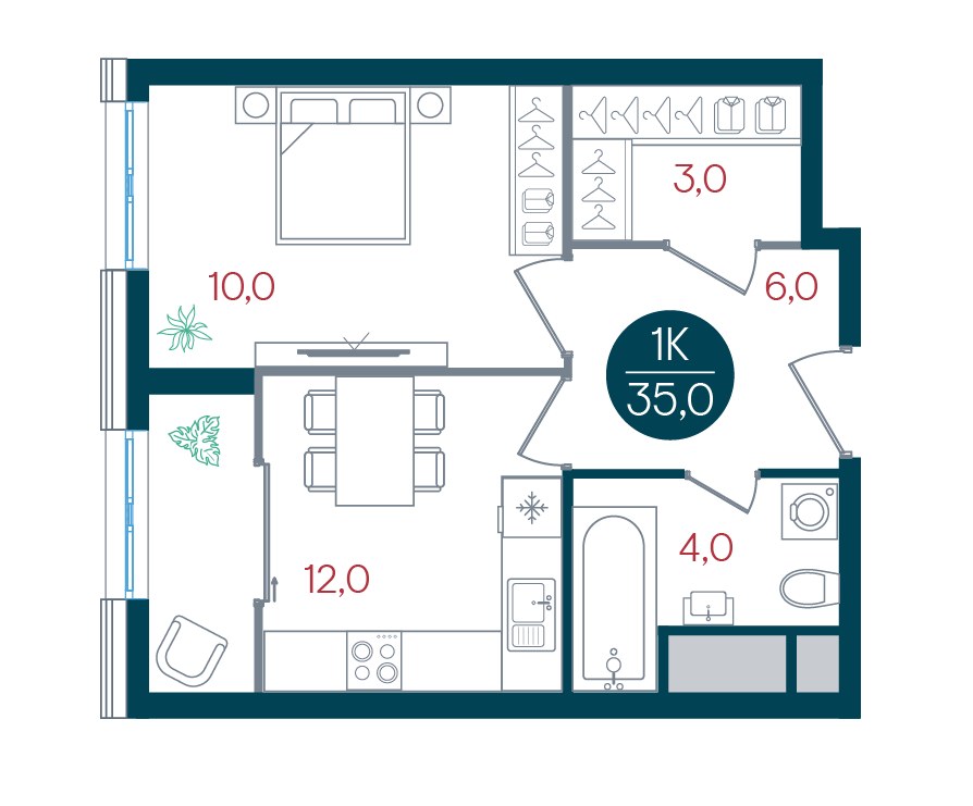 Планировка 35.0 м²