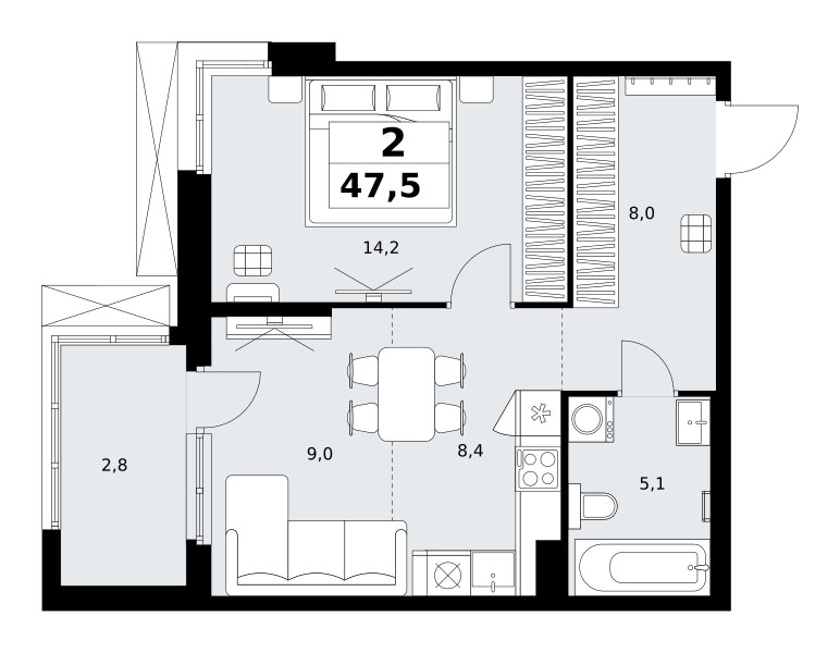 Планировка: 2-комнатная, 47.5 м²