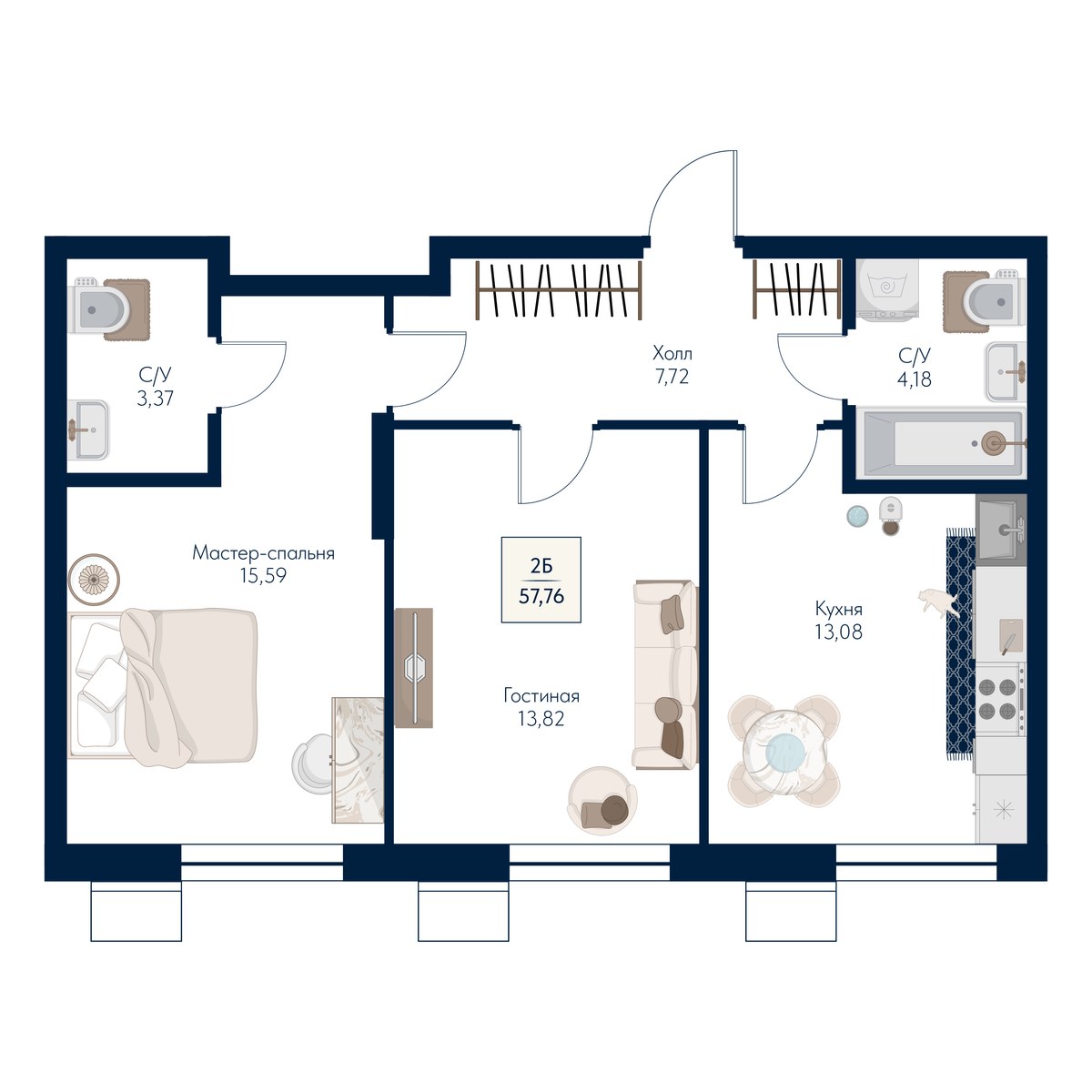 Планировка 57.76 м²