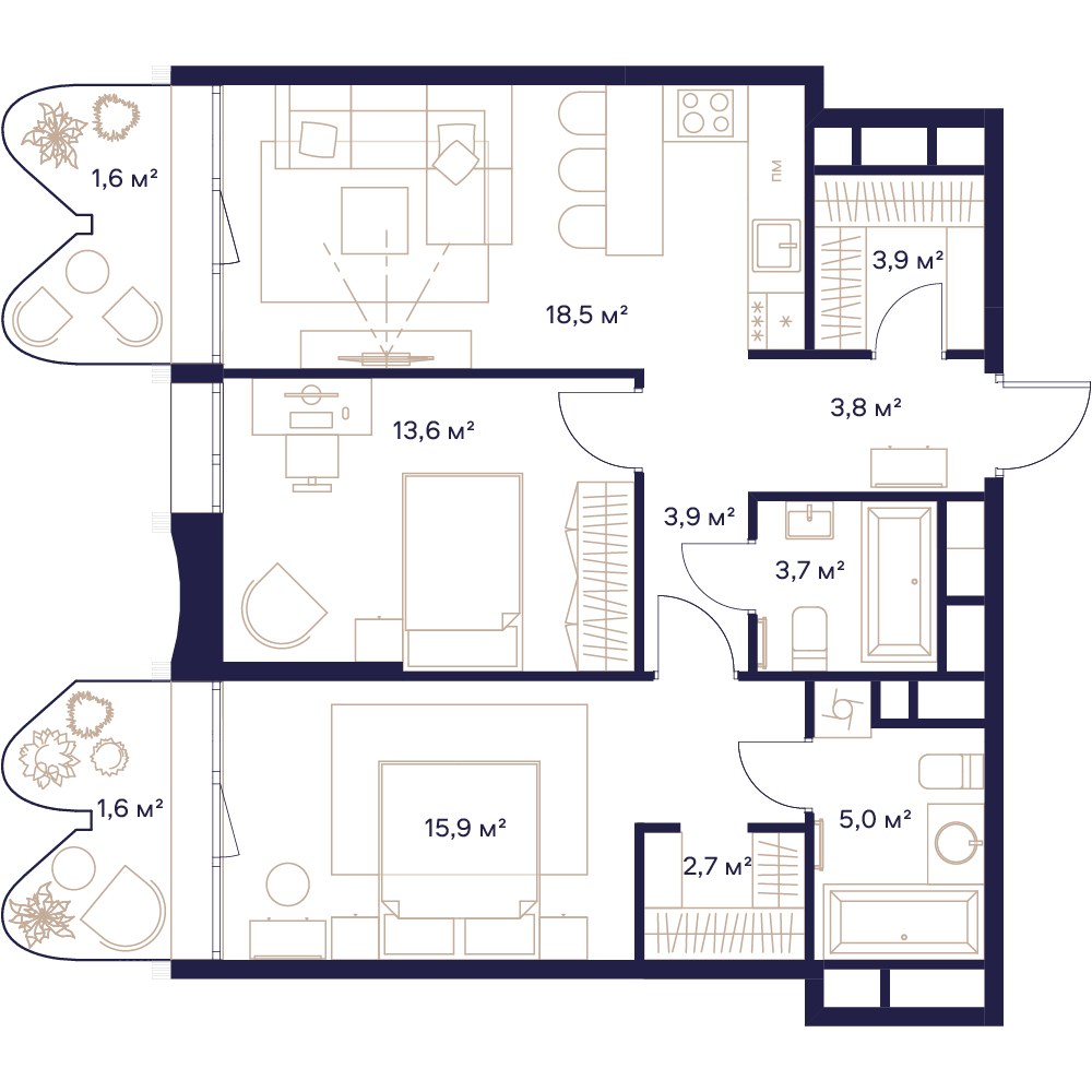 Планировка 74.4 м²