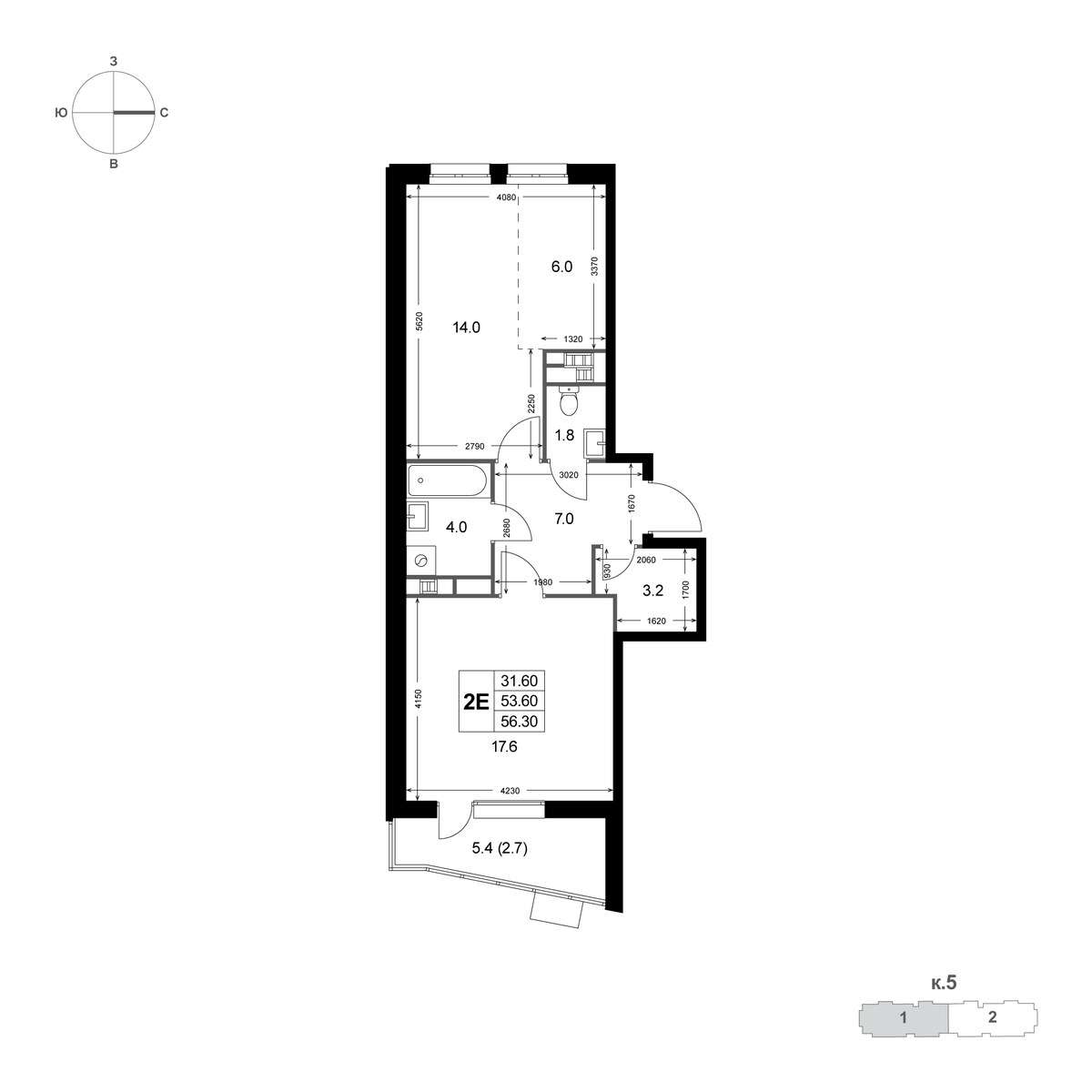 Планировка 56.4 м²
