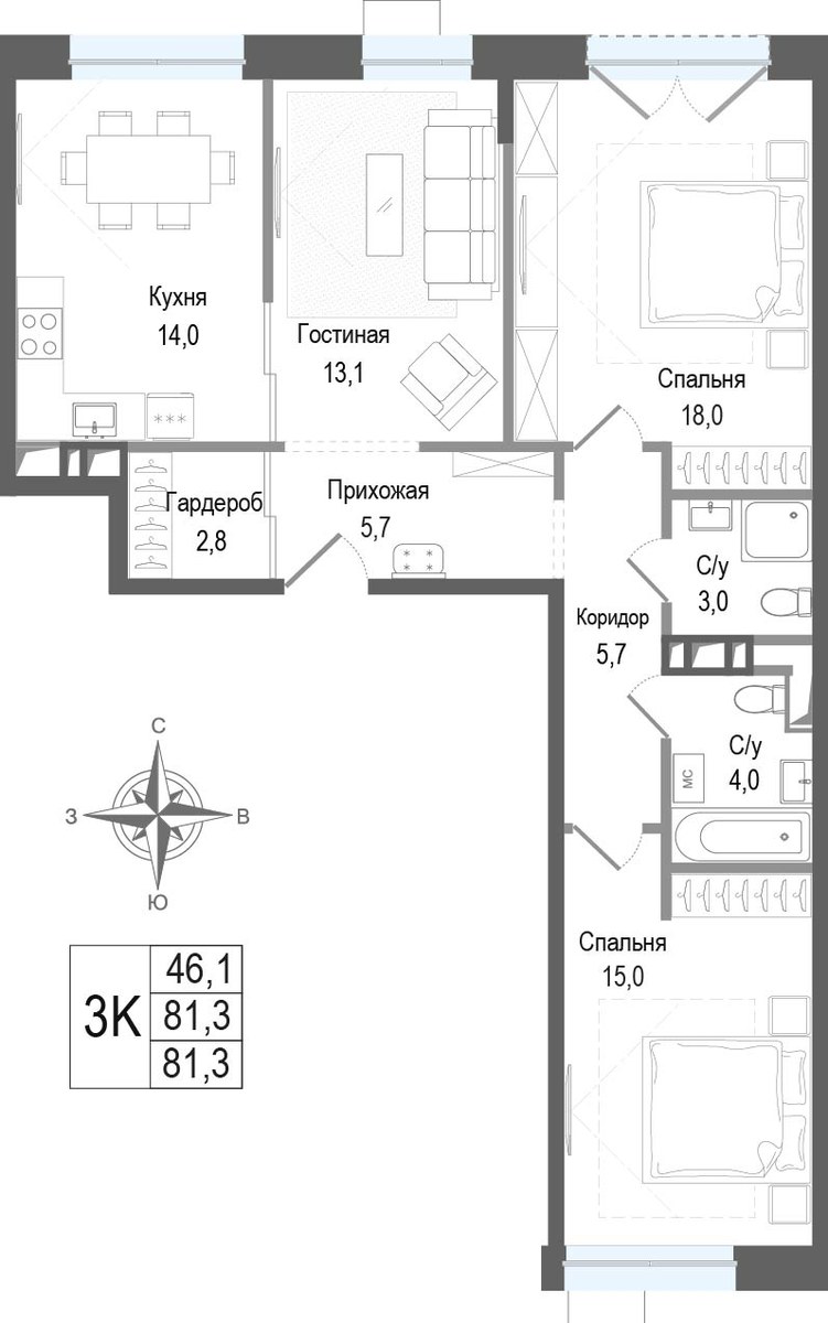 Планировка 81.3 м²