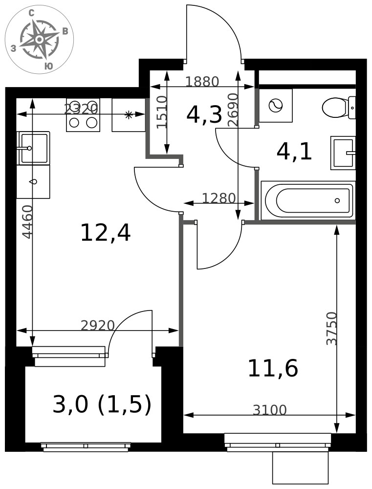 Планировка 33.9 м²