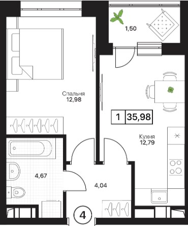 Планировка 35.98 м²
