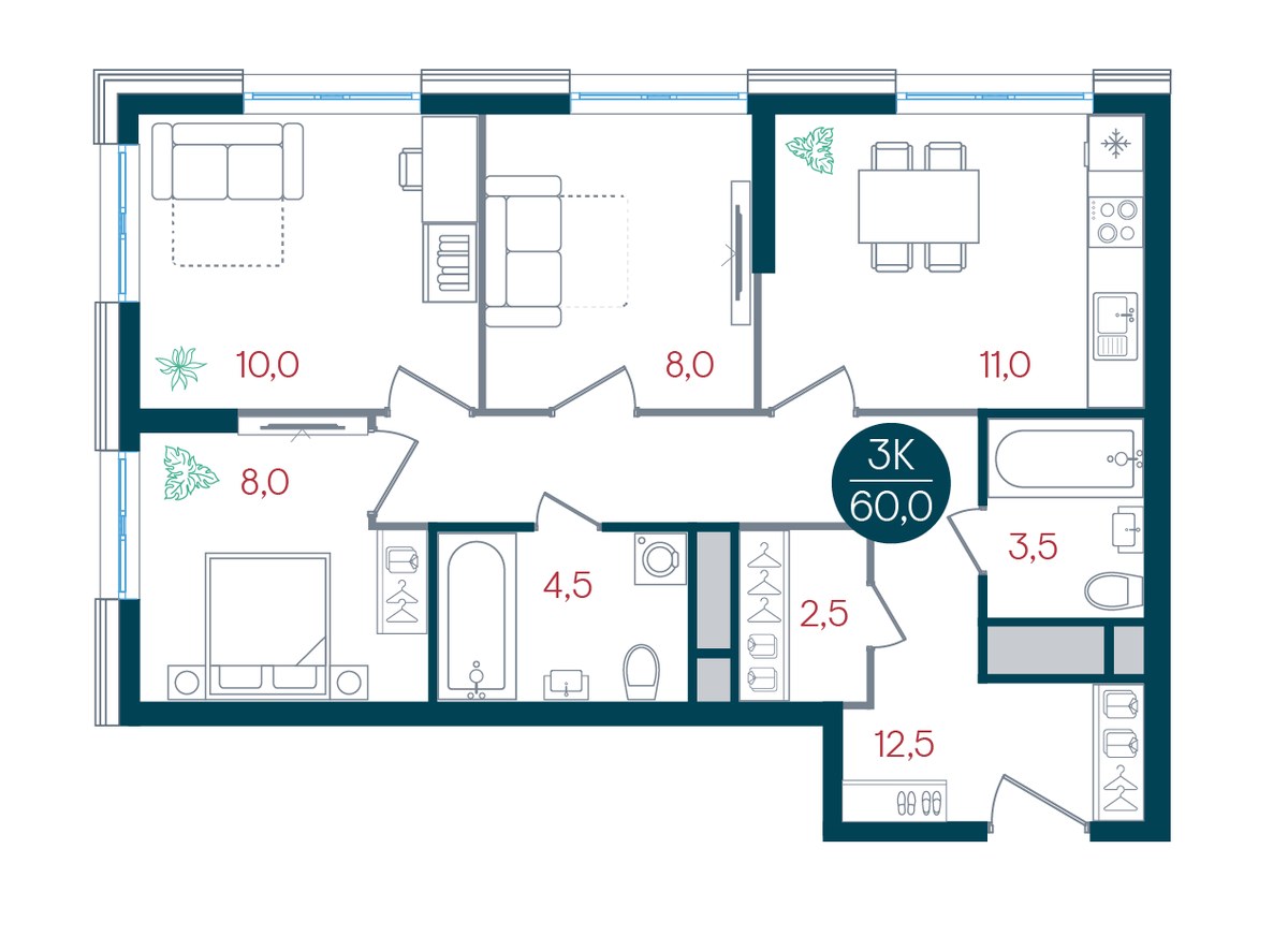 Планировка 60.0 м²