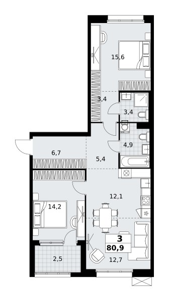 Планировка: 3-комнатная, 80.9 м²