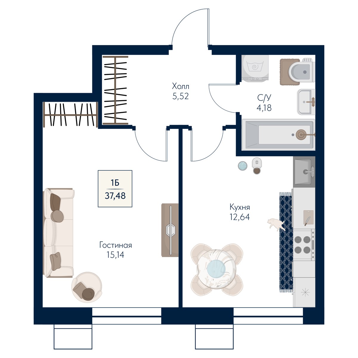 Планировка 37.48 м²