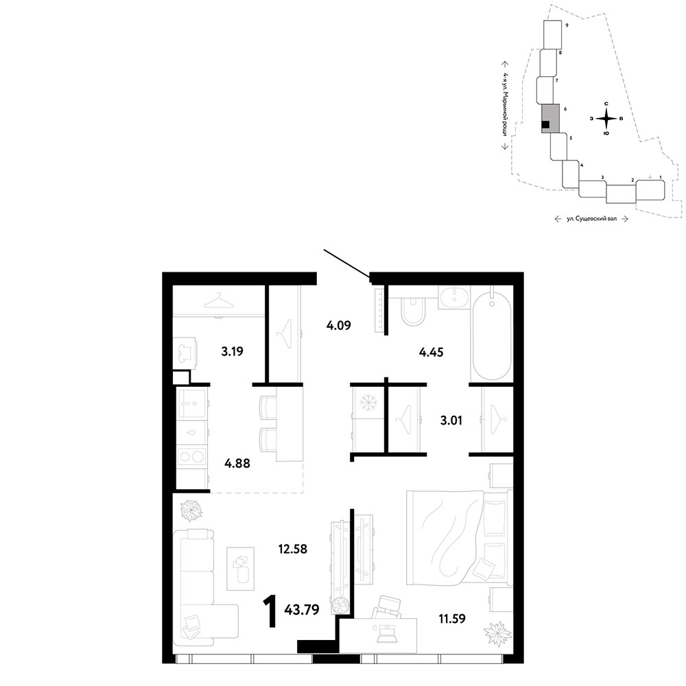 Планировка 43.79 м²