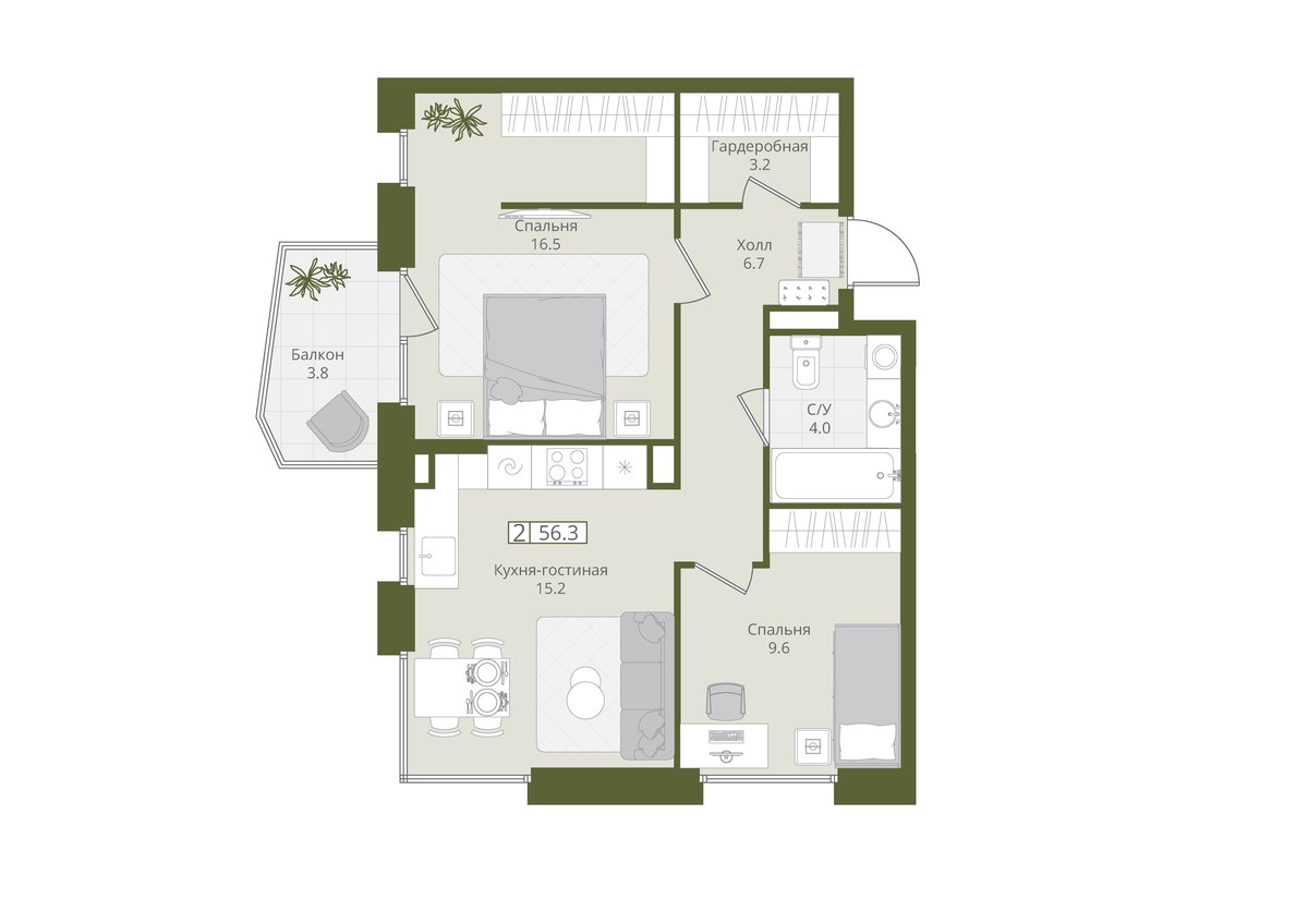 Планировка 56.3 м²