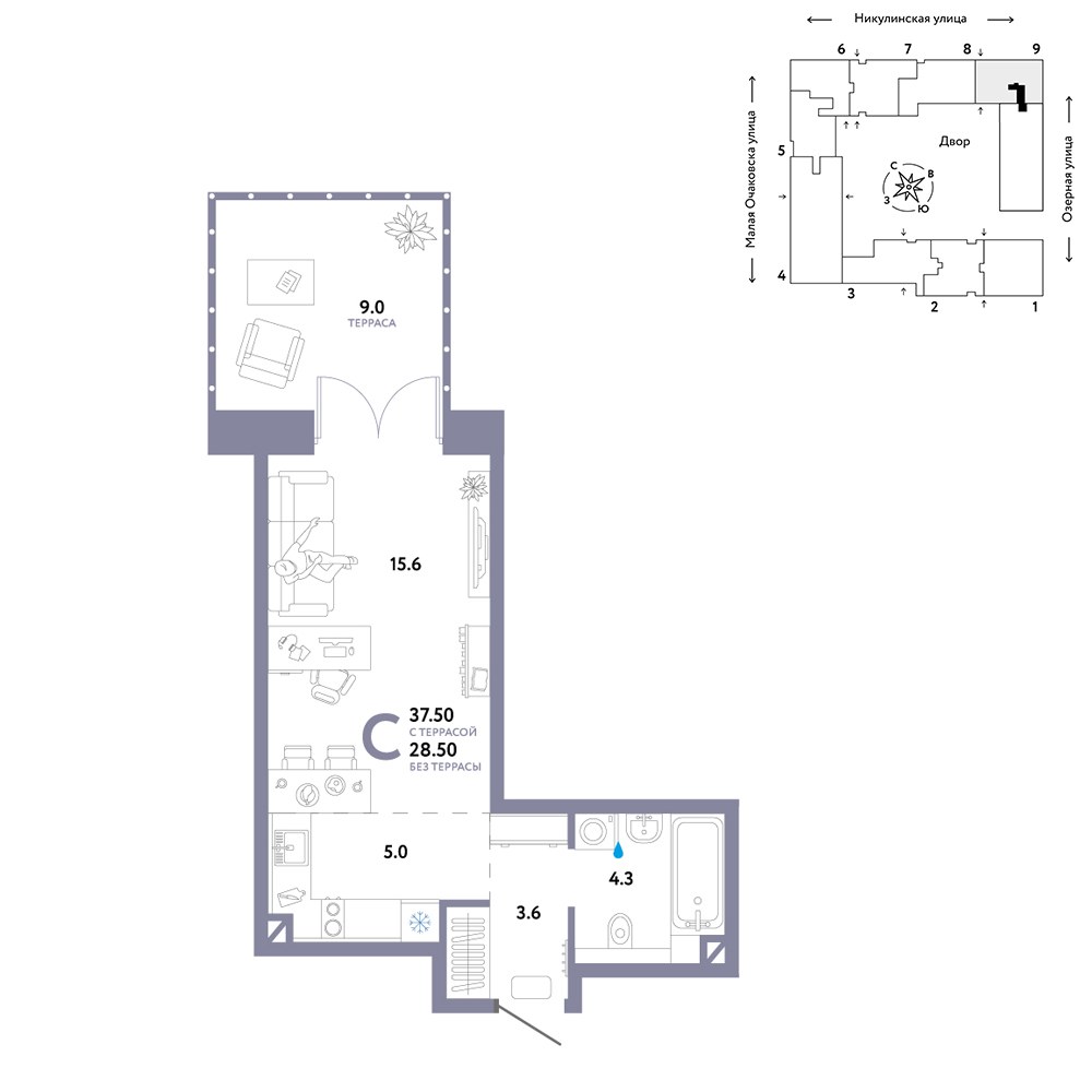 Планировка: 1-комнатная, 37.5 м²