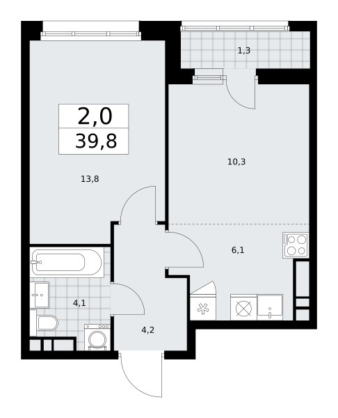 Планировка: 2-комнатная, 39.8 м²