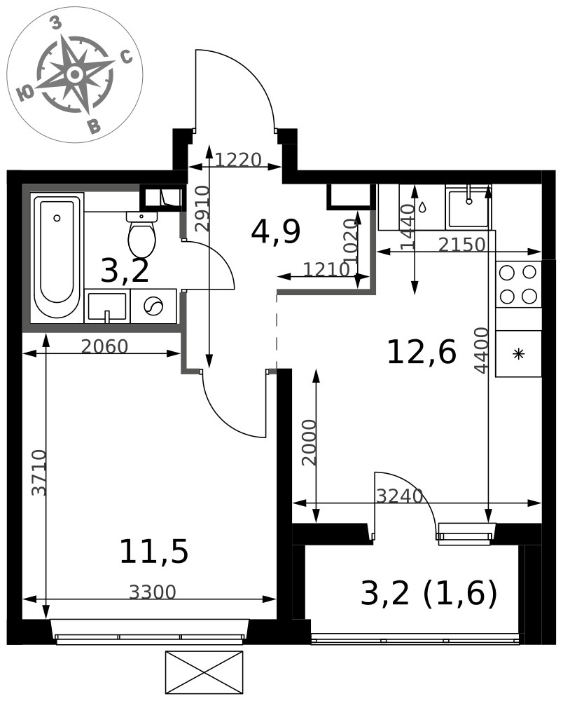 Планировка 33.8 м²