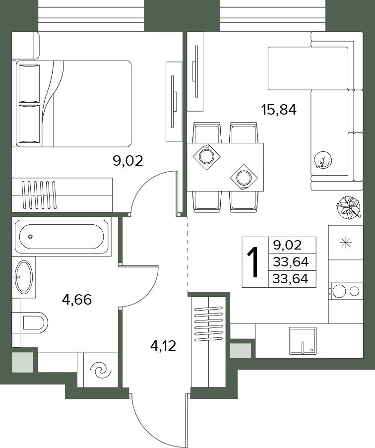 Планировка: 1-комнатная, 33.64 м²