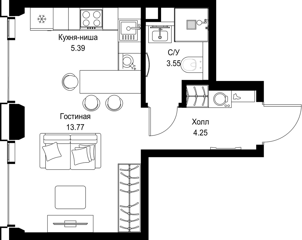 Планировка: 1-комнатная, 26.96 м²