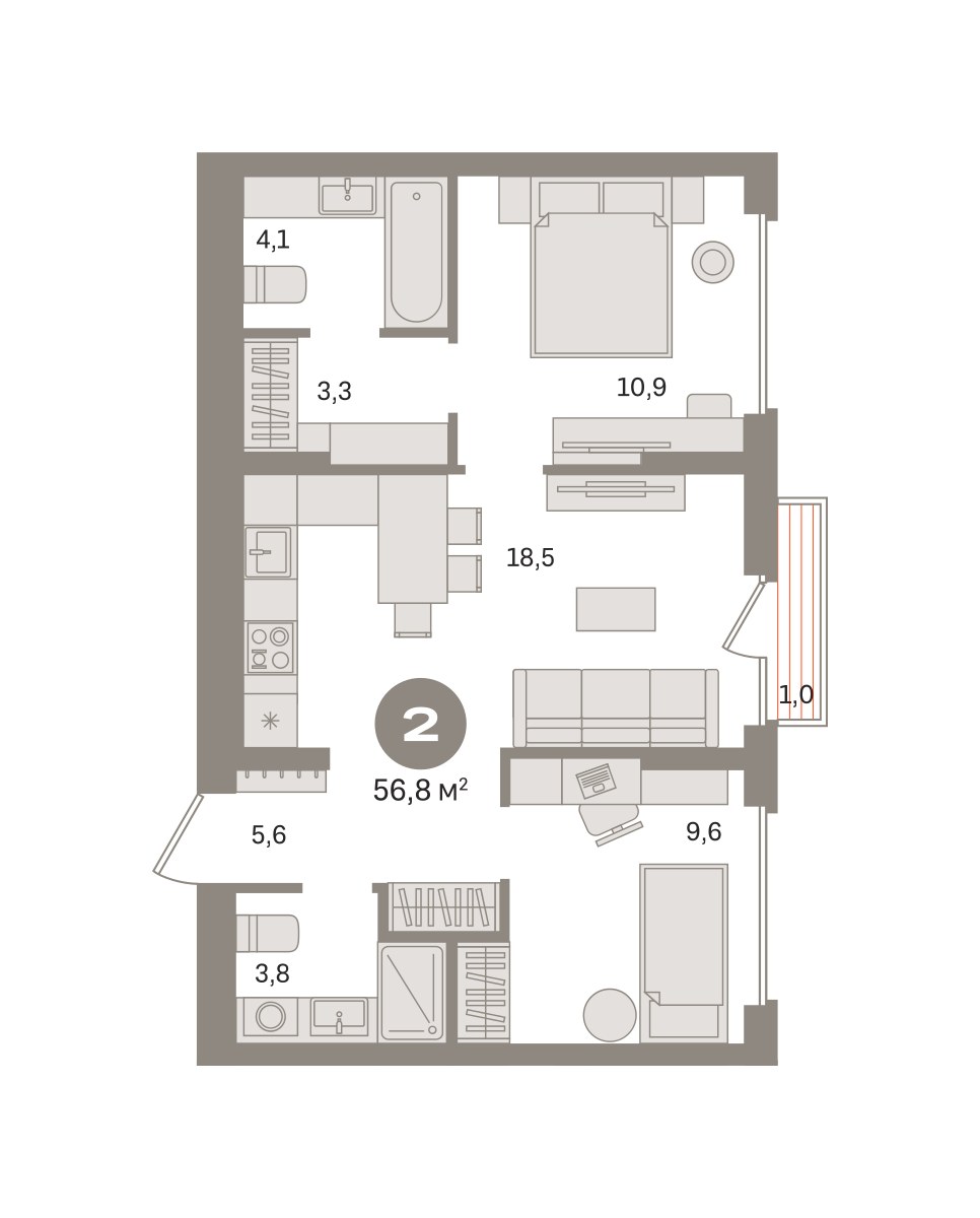 Планировка 56.84 м²