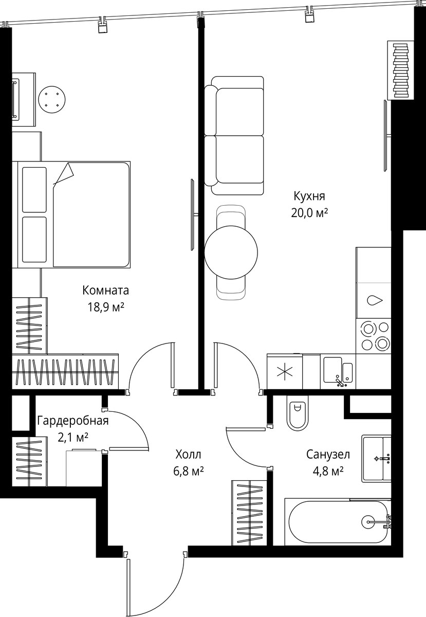 Планировка: 1-комнатная, 52.6 м²