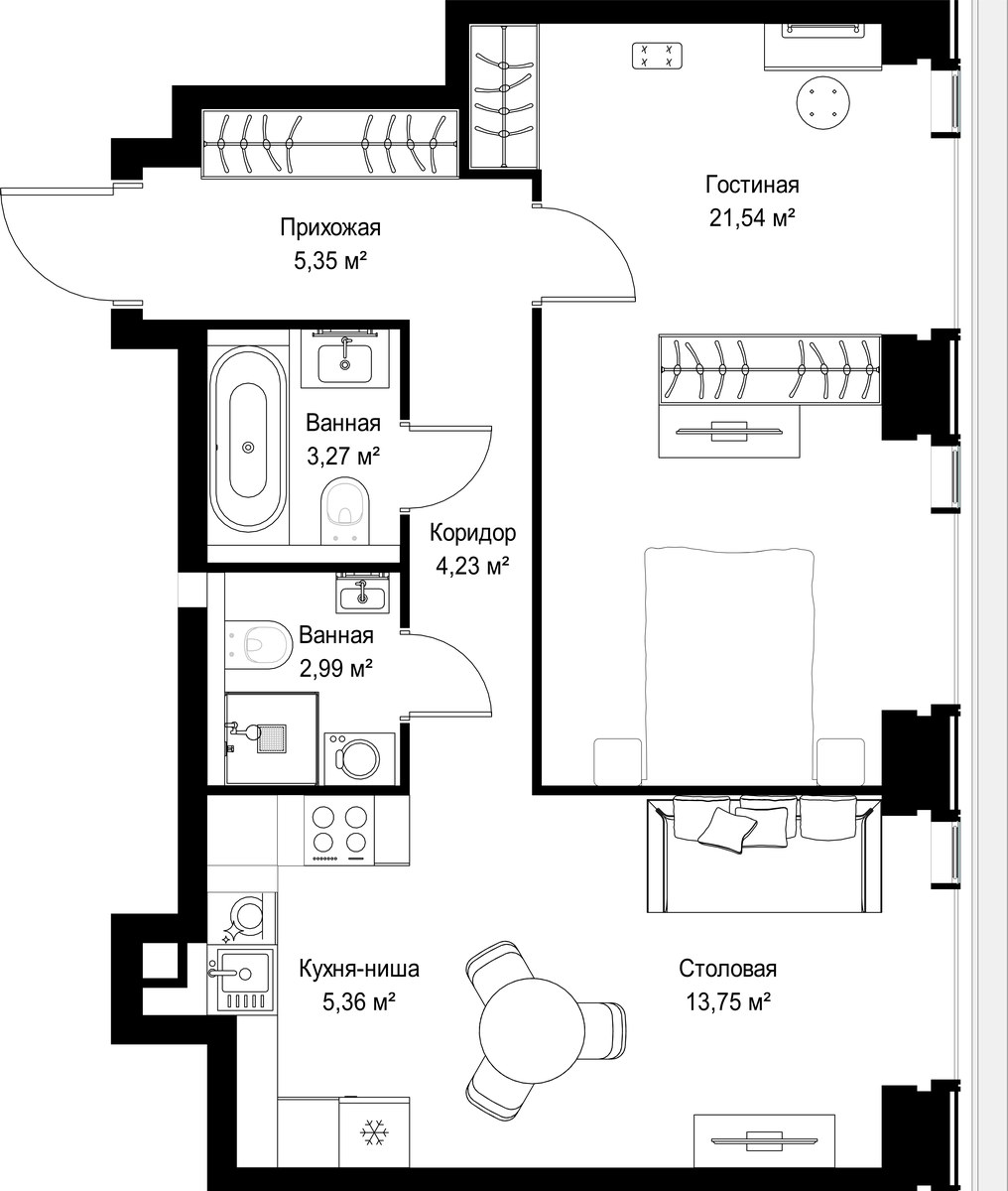 Планировка 56.49 м²