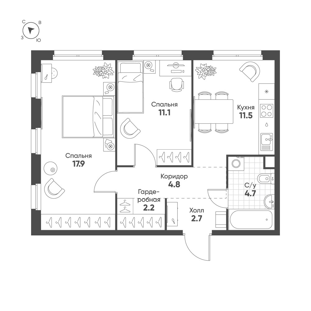 Планировка 54.9 м²