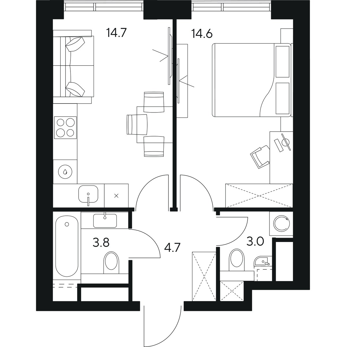 Планировка: 1-комнатная, 40.8 м²