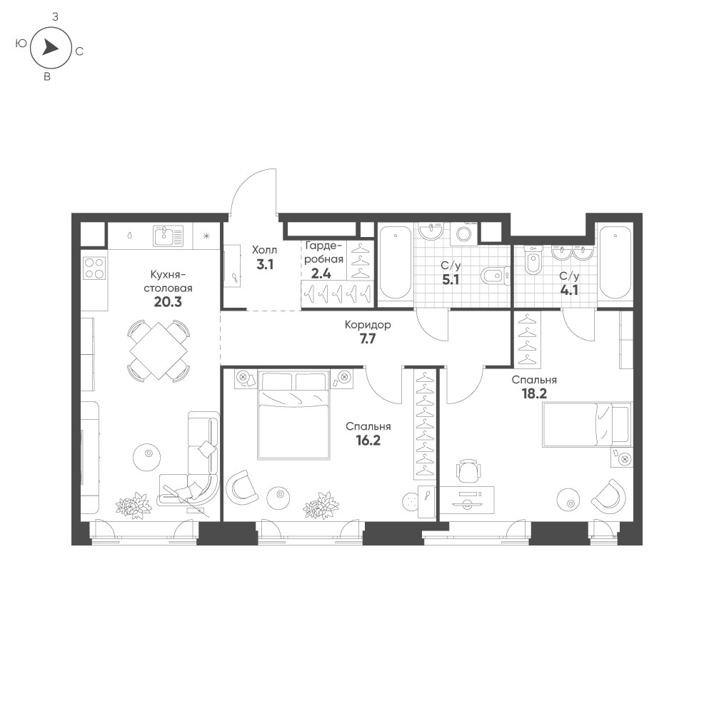 Планировка 77.1 м²