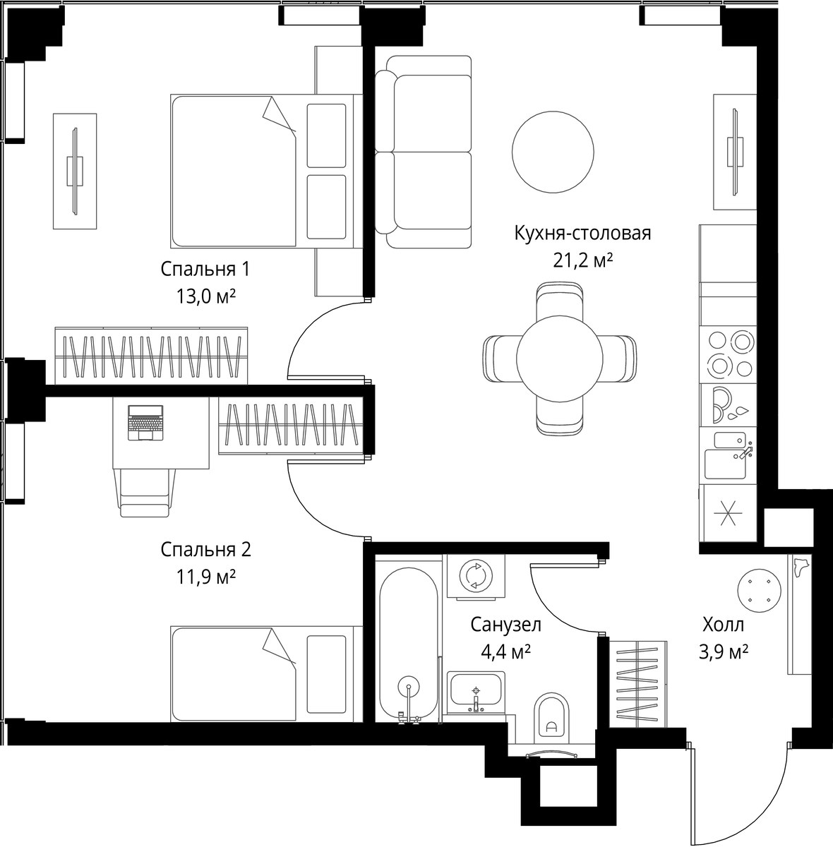 Планировка 54.4 м²