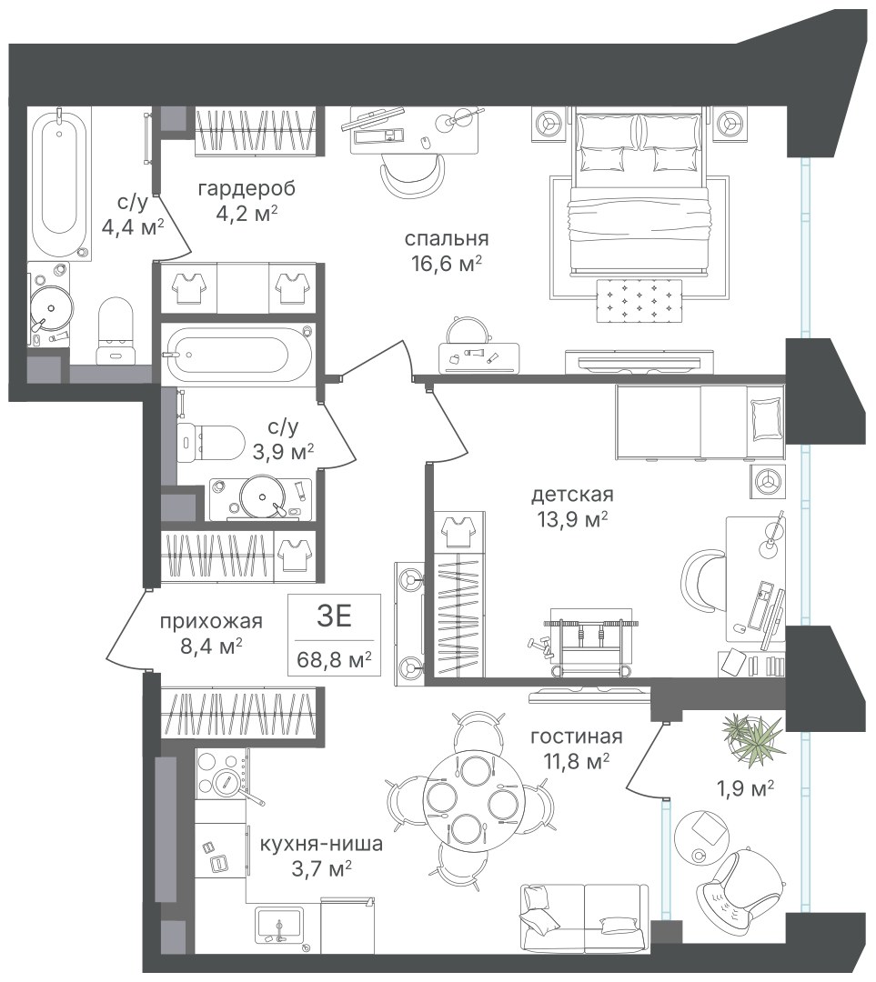 Планировка 68.8 м²