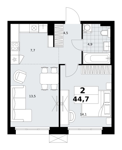 Планировка: 2-комнатная, 44.7 м²