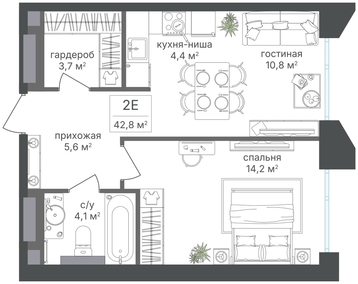 Планировка 42.8 м²
