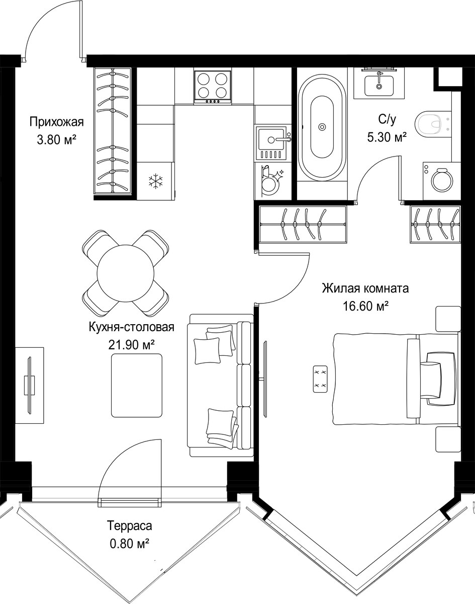 Планировка: 1-комнатная, 48.4 м²
