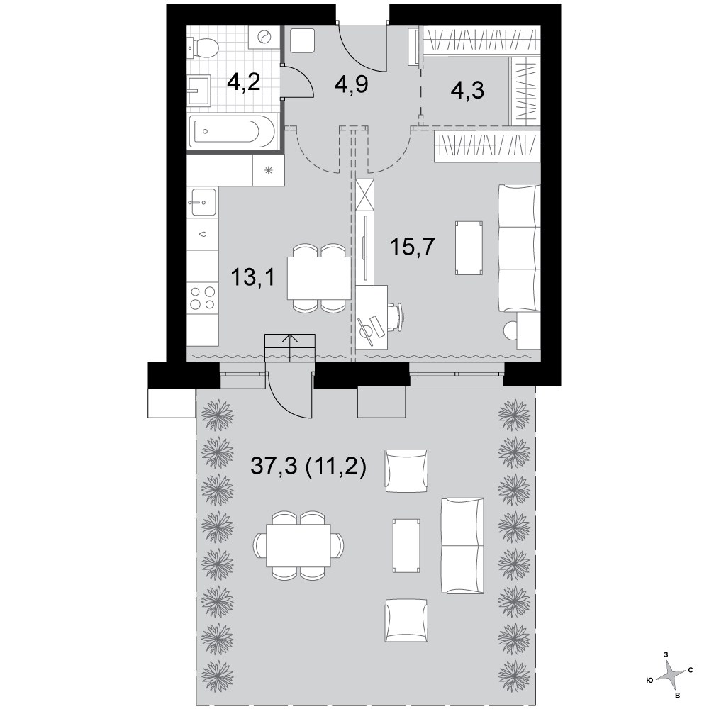 Планировка: 1-комнатная, 53.4 м²