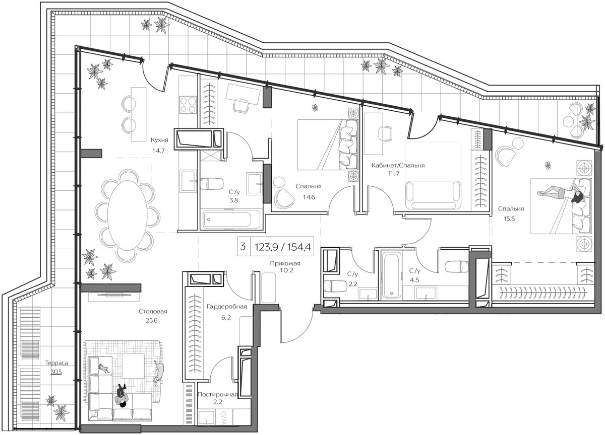 Планировка: 1-комнатная, 122.7 м²