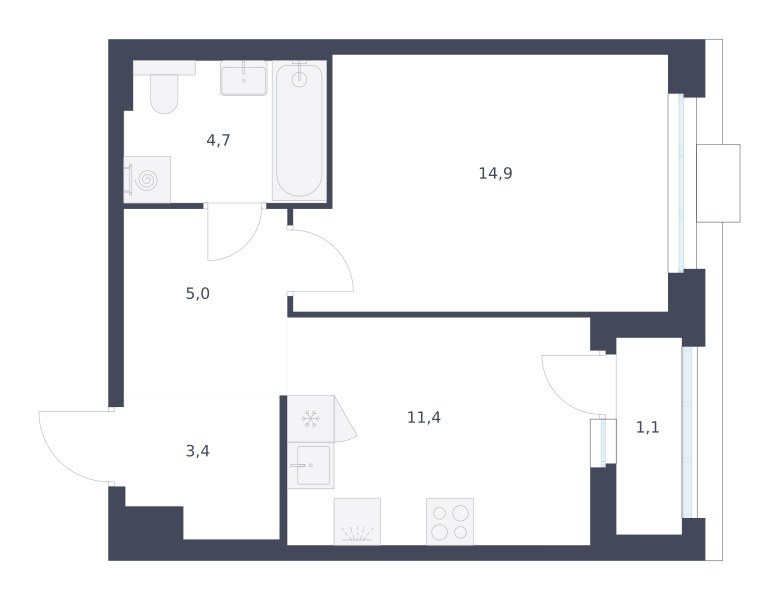 Планировка: 1-комнатная, 40.5 м²