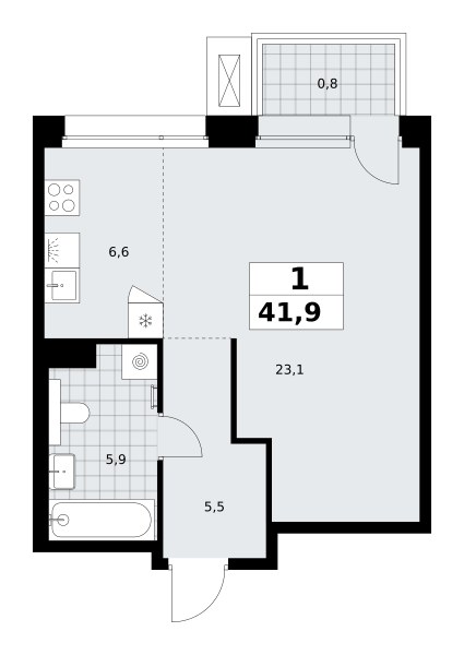 Планировка: Студия, 41.9 м²