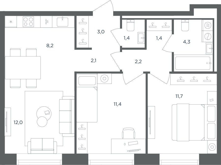 Планировка 57.7 м²