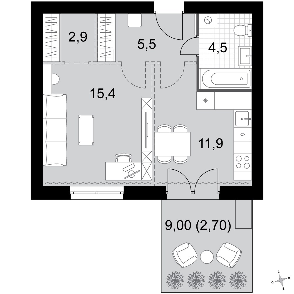 Планировка: 1-комнатная, 42.9 м²