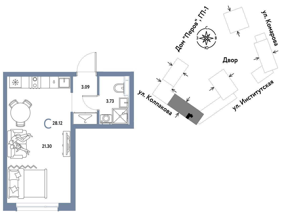Планировка: 1-комнатная, 28.12 м²