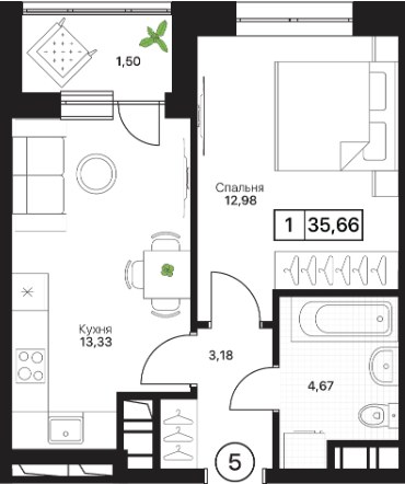 Планировка 35.66 м²