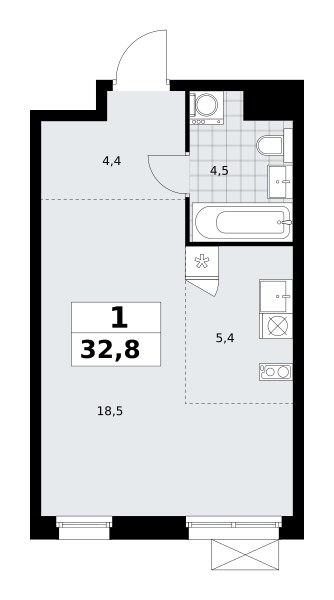Планировка: 1-комнатная, 32.8 м²