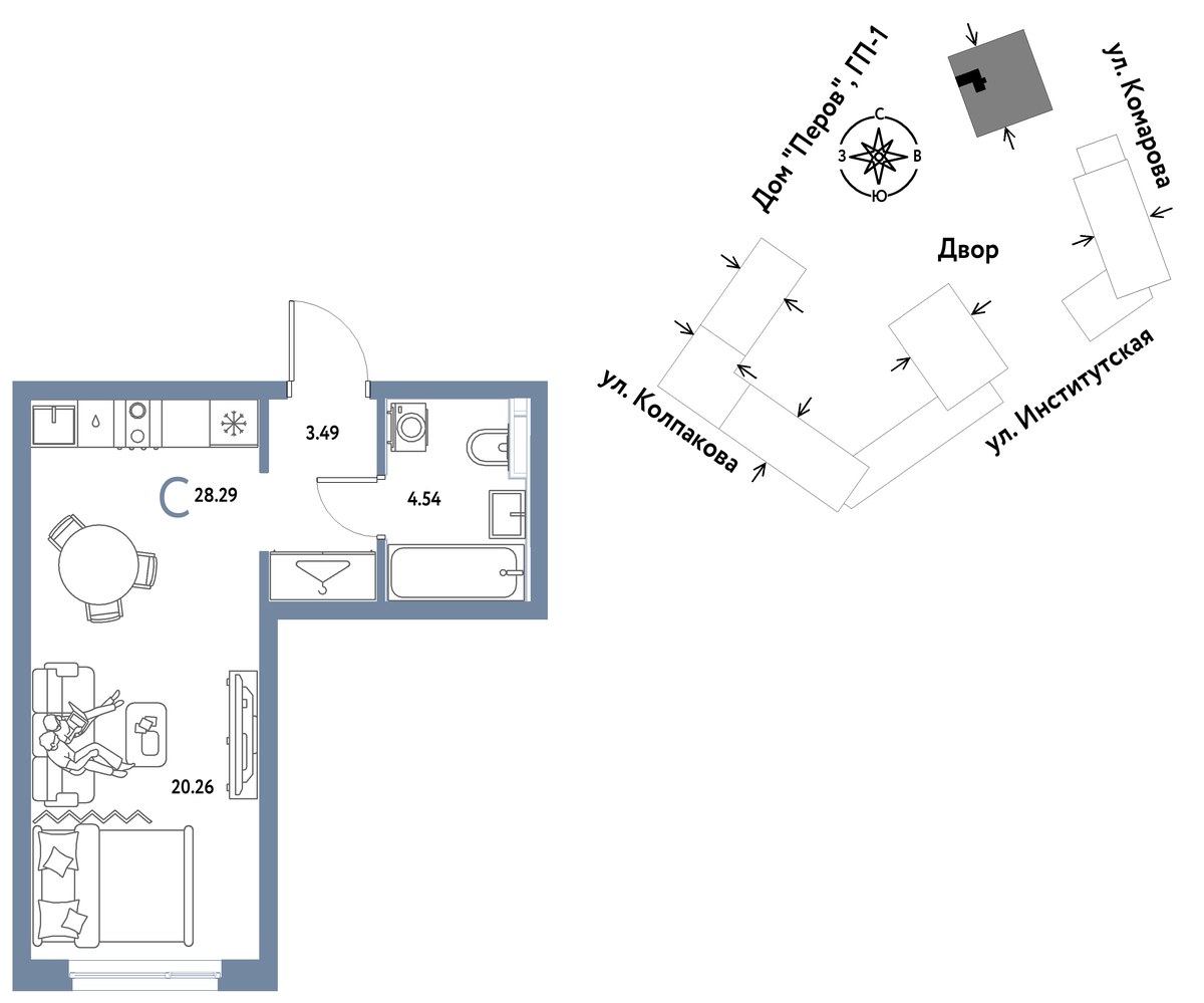 Планировка: 1-комнатная, 28.29 м²