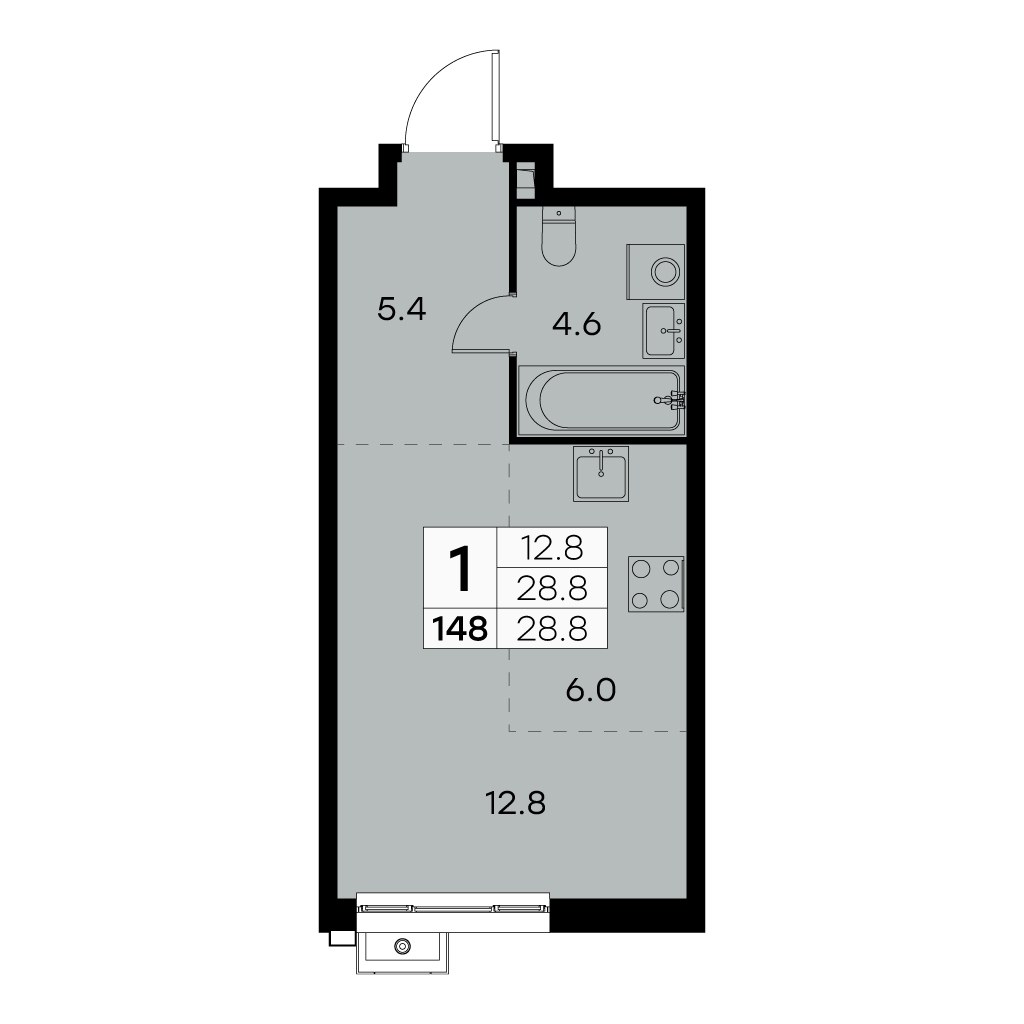 Планировка: 1-комнатная, 28.8 м²