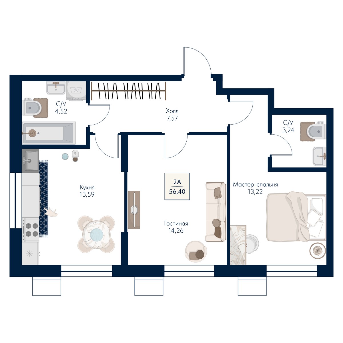 Планировка 56.4 м²