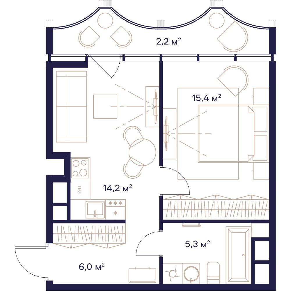 Планировка: 1-комнатная, 43.1 м²