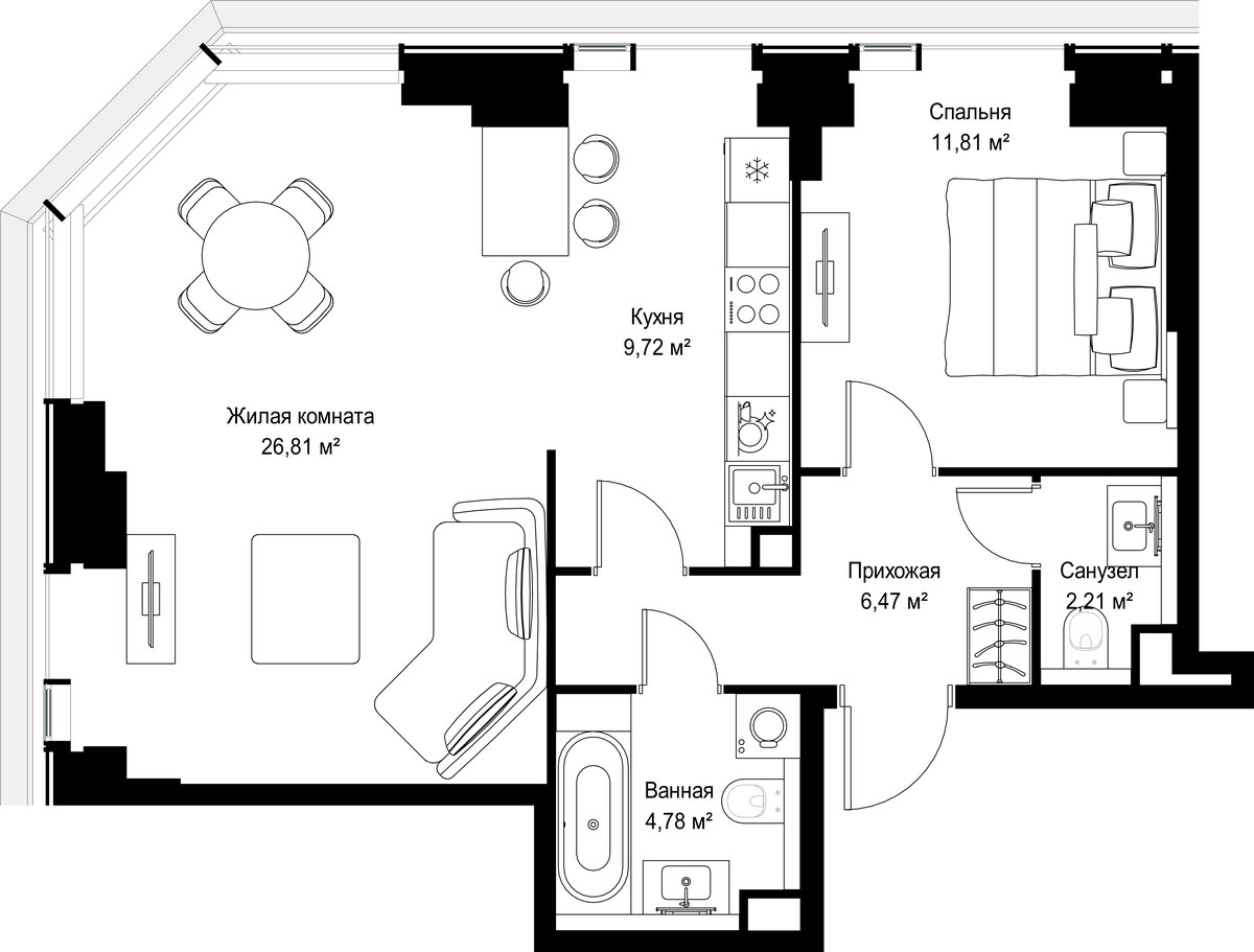 Планировка 61.8 м²