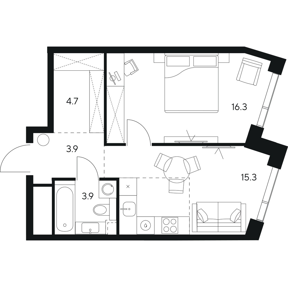 Планировка: 1-комнатная, 44.1 м²